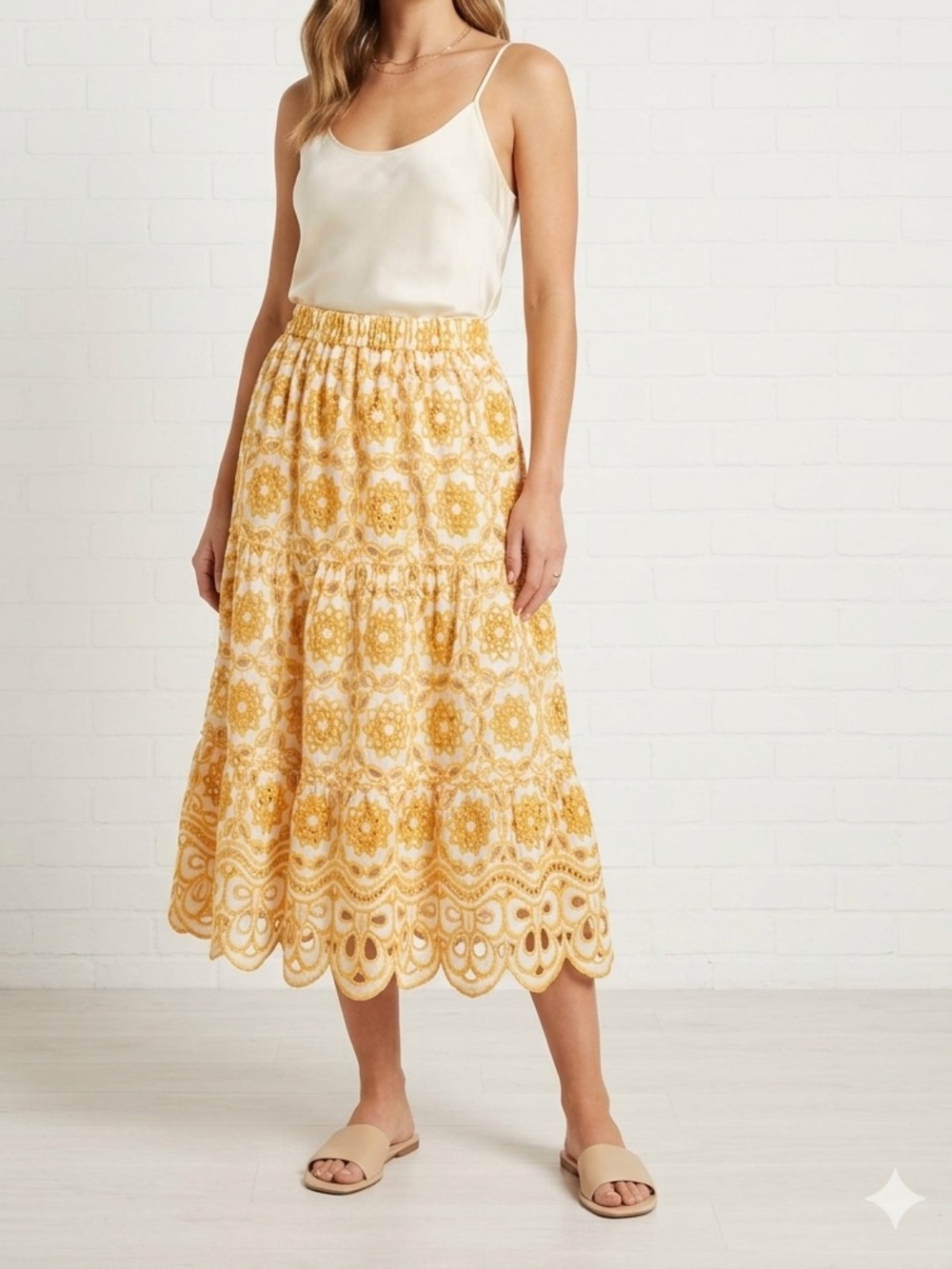 NWT LIV LOS ANGELES Embroidered Scallop-Hem Tiered Eyelet Midi Skirt Mustard🧡